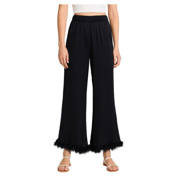 For Love & Lemons Lounge Pants Women’s Small Black Feather Trim Satin Wide Leg - Picture 1 of 13